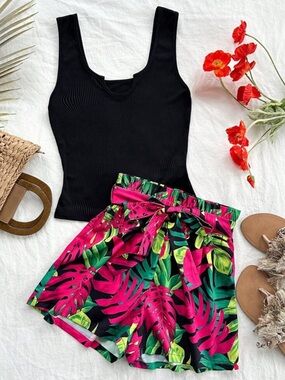 Black Ribbed Cropped Tank with Tropical Print Shorts